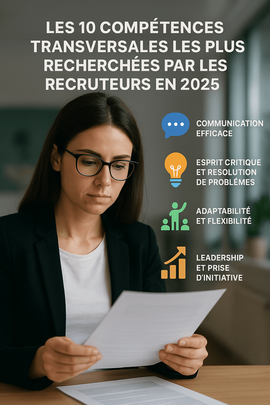 Illustration des compétences transversales : communication, leadership, pensée critique et travail en équipe.