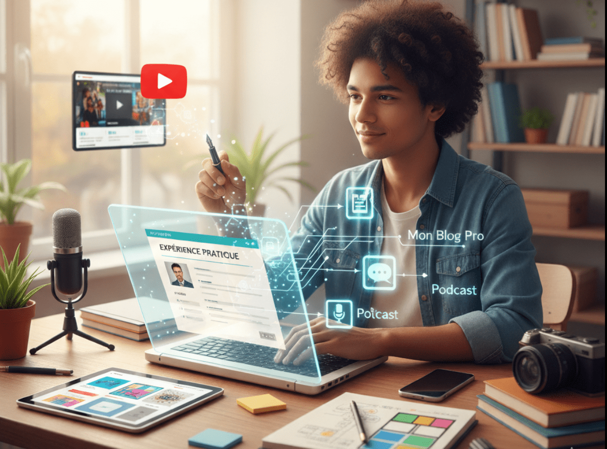 Un jeune homme travaillant sur un ordinateur portable, avec une interface de CV holographique et des icônes représentant des projets (blog, podcast), illustrant comment créer sa propre expérience.