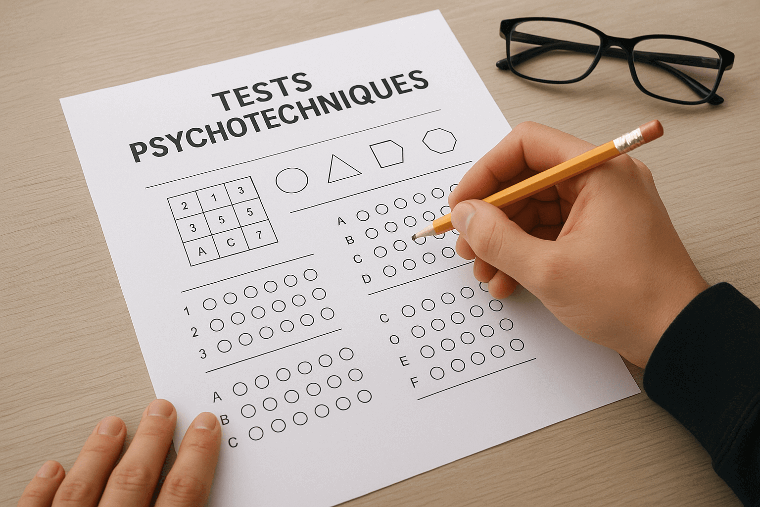Illustration d'une personne préparant des tests psychotechniques sur ordinateur.