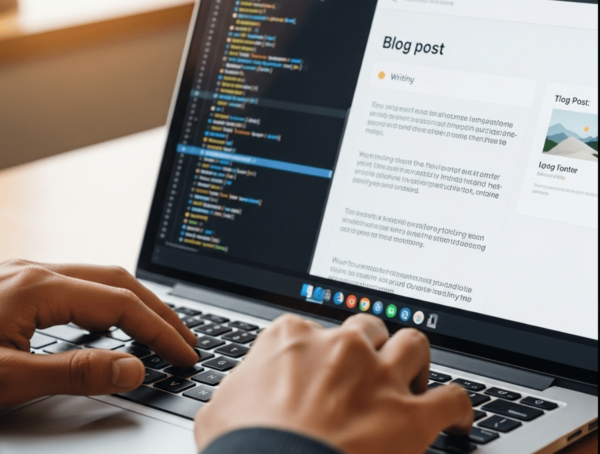 Gros plan sur les mains d'une personne tapant sur un ordinateur portable, avec l'écran affichant une interface d'écriture de blog et de code, symbolisant la création de contenu et de projets.