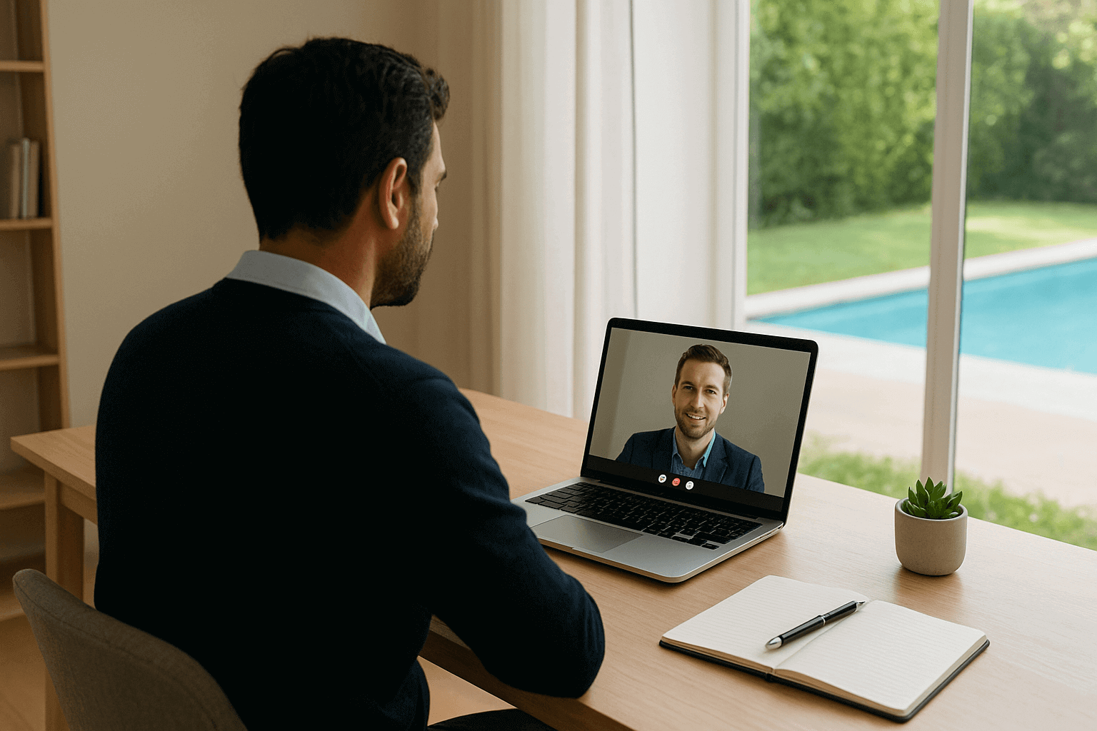 Illustration d'un entretien vidéo : candidate en visioconférence devant son ordinateur.